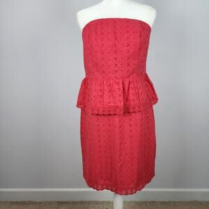 Allen Schwartz Strapless Peplum Dress Size 14 Pink Allover Eyelets Spring Easter